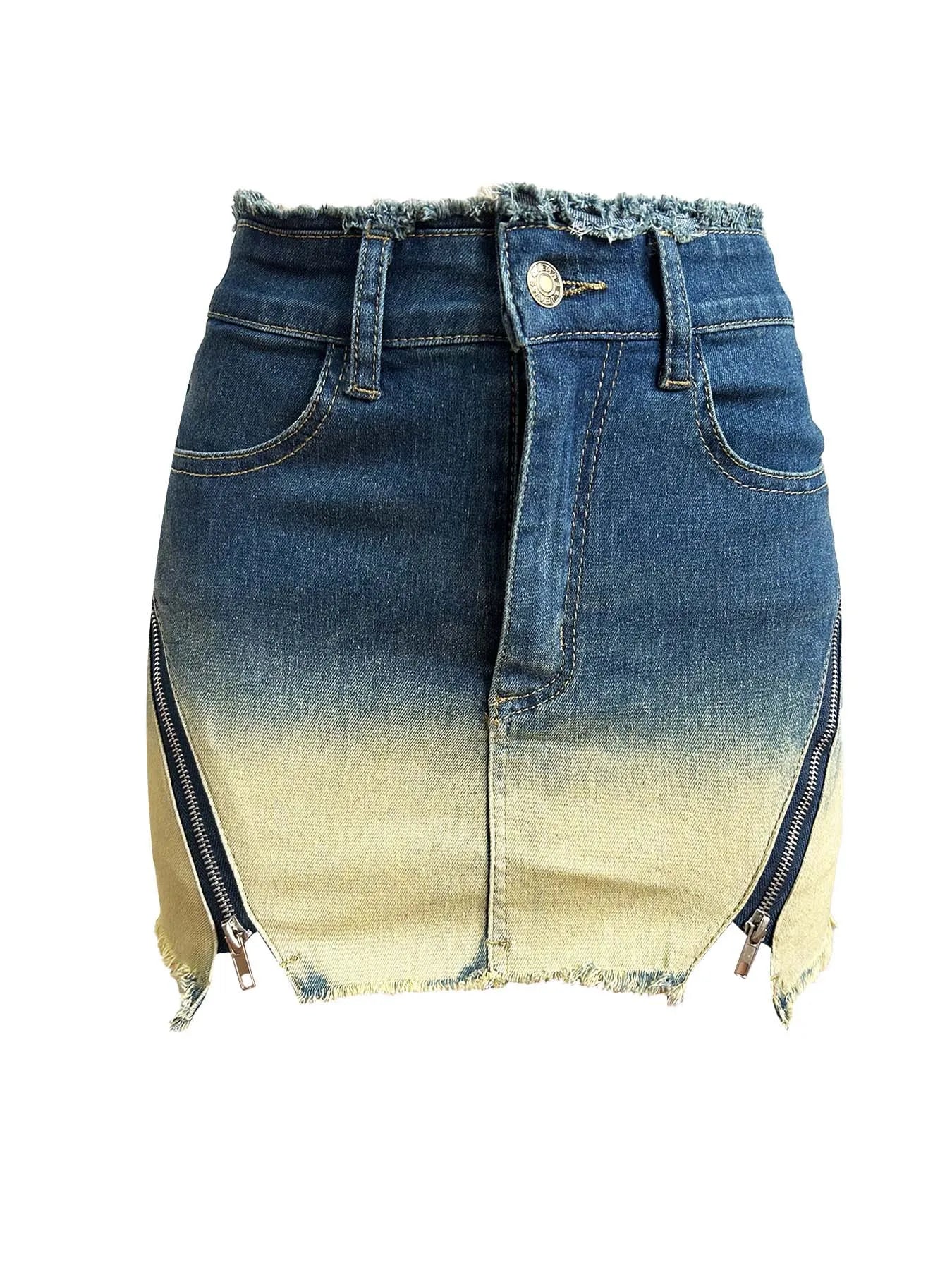 Val Vintage Gradient Zipper Stretch Denim High Waisted Slim A-Line Mini Skirts