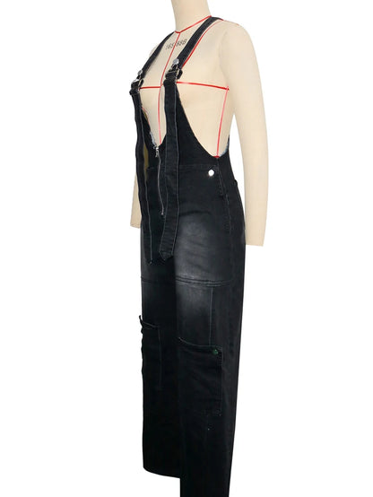 Loose High Waisted Zipper Denim Cargo Jumpsuits