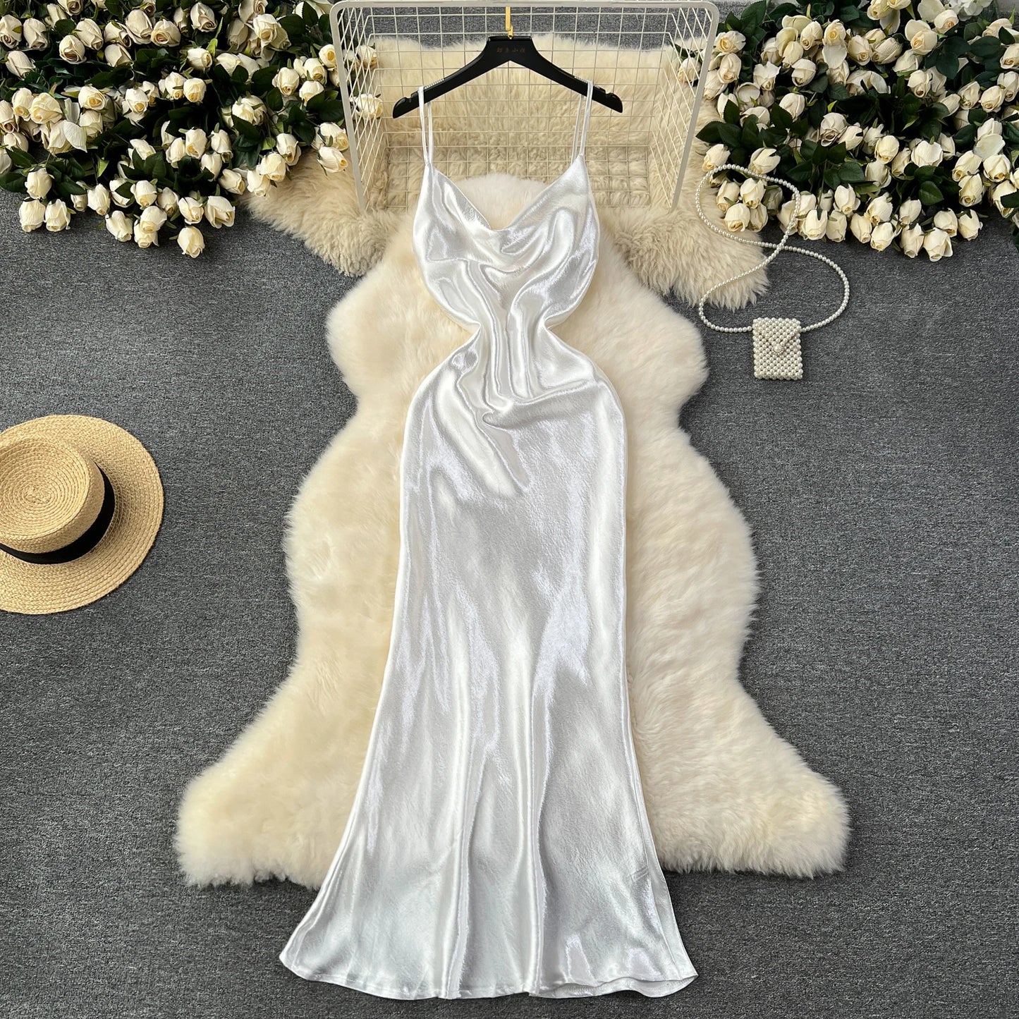 White Spaghetti Strap Satin Glowing Dresses