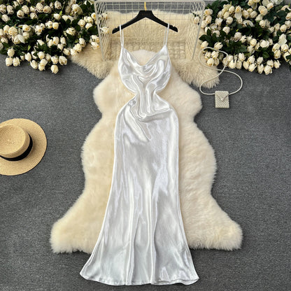 White Spaghetti Strap Satin Glowing Dresses