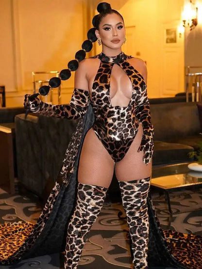 Leopard Print Bodysuit + Gloves + Leggings Backless Deep V Suspenders Sleeveless Bodysuits Thin 3X4C