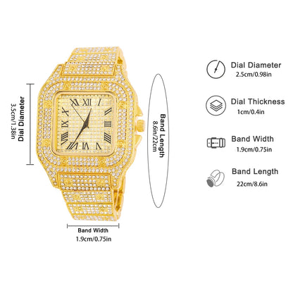 3pcs Set Hip-hop Punk Inlay Diamond Square Watch+Cuban Chain+Bracelet Comes With Strap Adjuster Stylish Jewelry