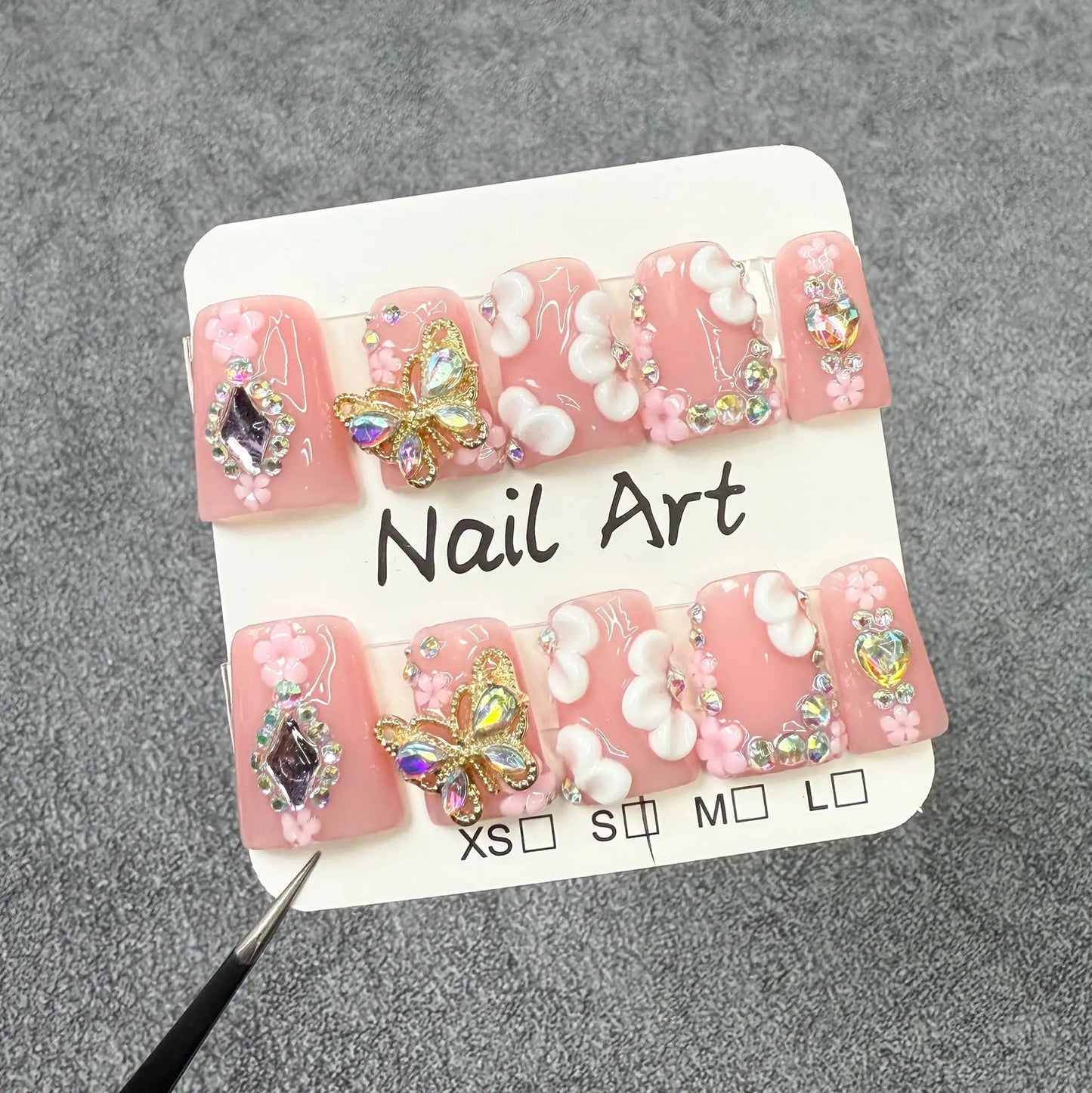 10pcs Handmade False Nail Art Pink French Fake Nail Short Flower Press on Nails Tips Duckbill with Rhinestone Nails Set Wearable