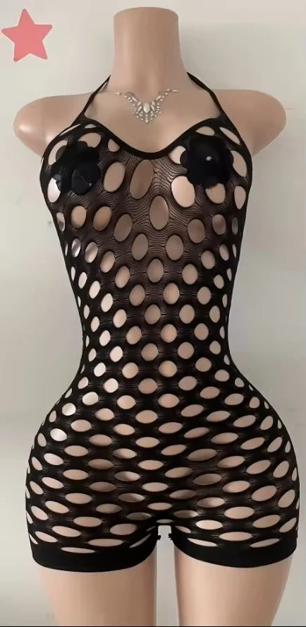 Hollow-out Rhinestone Patchwork Bodycon Halter Sleeveless Backless Lingerie