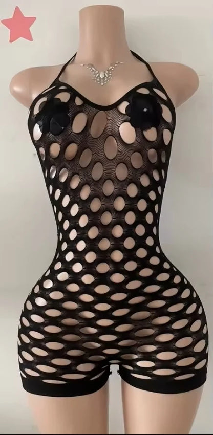 Hollow-out Rhinestone Patchwork Bodycon Halter Sleeveless Backless Lingerie