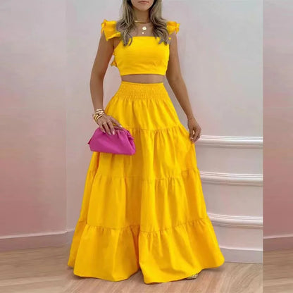 Solid Color Large Swing Skirt + Short Sleeved Square Neck Top (2pcs)