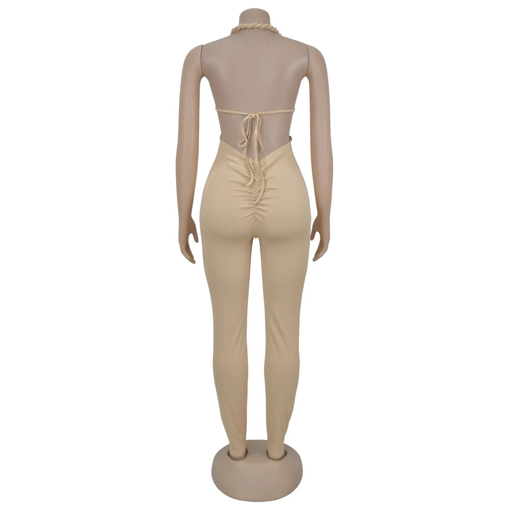 Halter Neck Ribbed Ruched Backless Leggings Jumpsuits (One Piece)