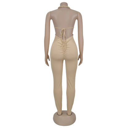 Halter Neck Ribbed Ruched Backless Leggings Jumpsuits (One Piece)