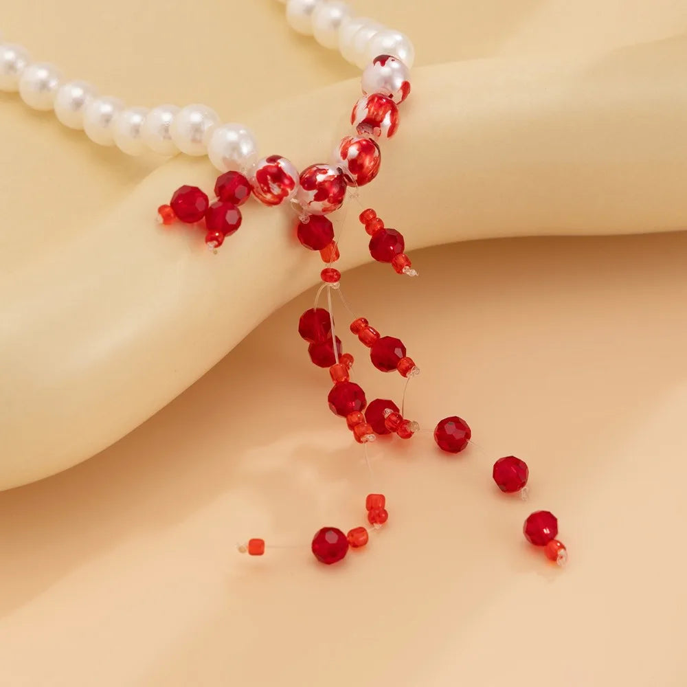 Halloween Gothic Imitation Pearl Blood Drop Necklace