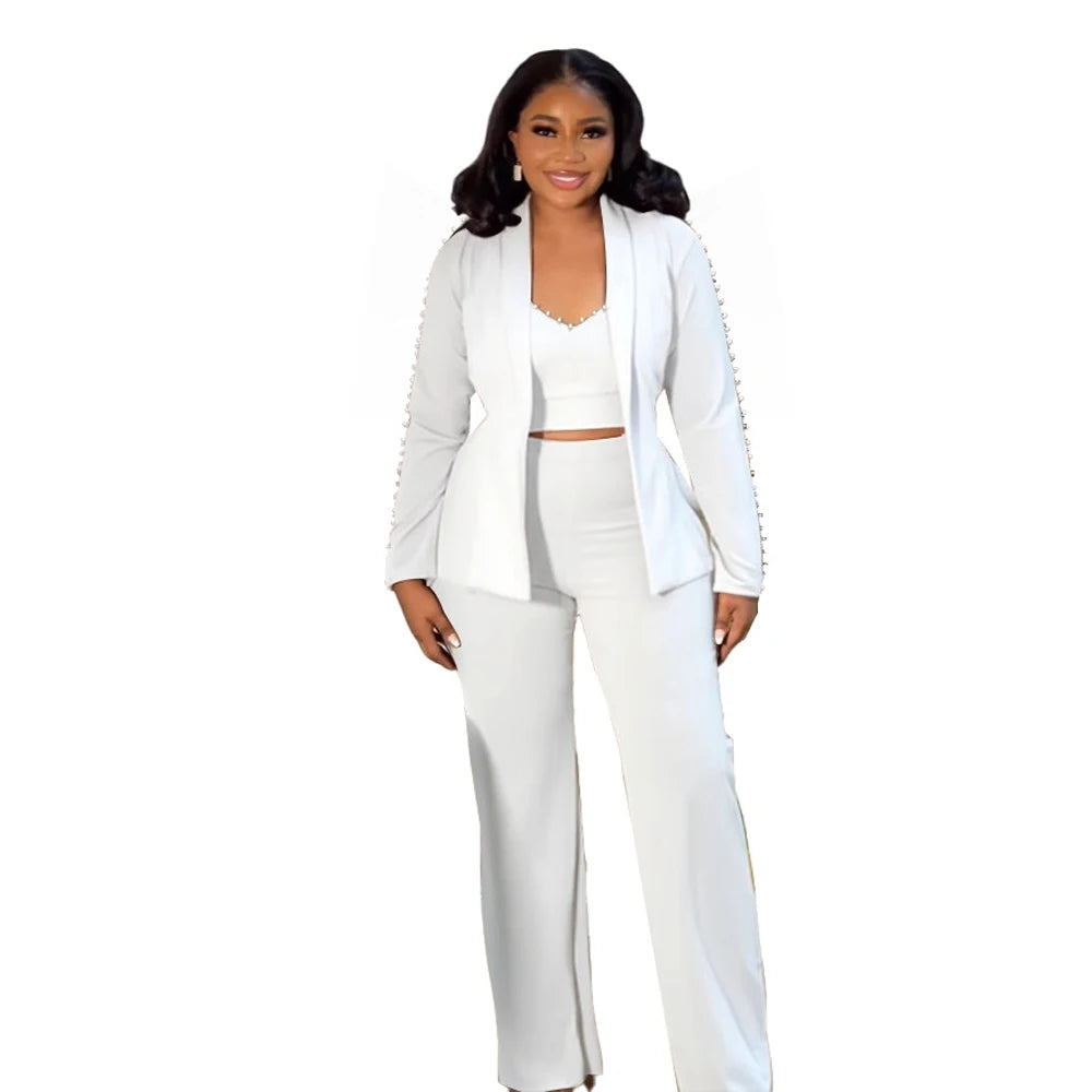 Elegant Long Sleeve Blazer Office Wear Ladies 3 Piece Pant Suit