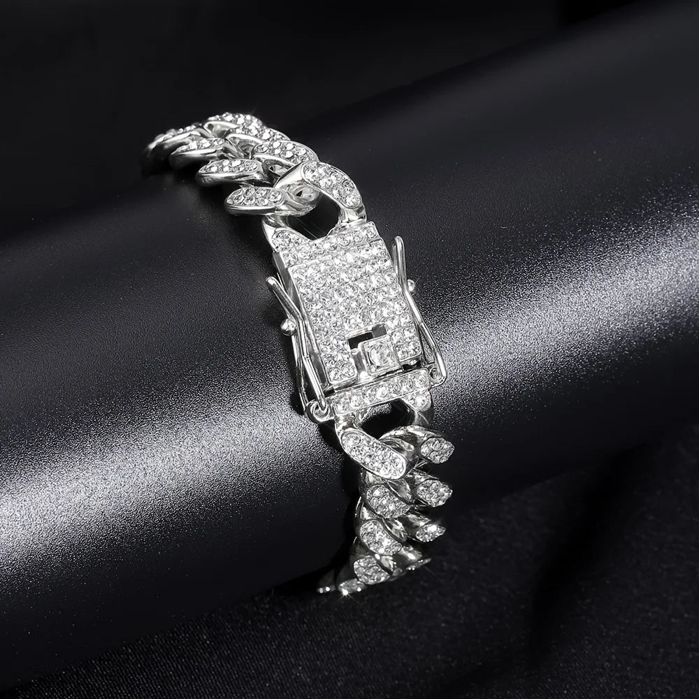 Punk Cuban Chain Stylish Sliver Cuban Chain+Bracelet 2-in-1 Set Personality Trend Street Style Jewelry Gift