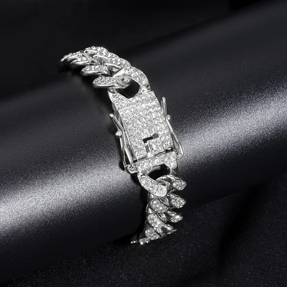 Punk Cuban Chain Stylish Sliver Cuban Chain+Bracelet 2-in-1 Set Personality Trend Street Style Jewelry Gift