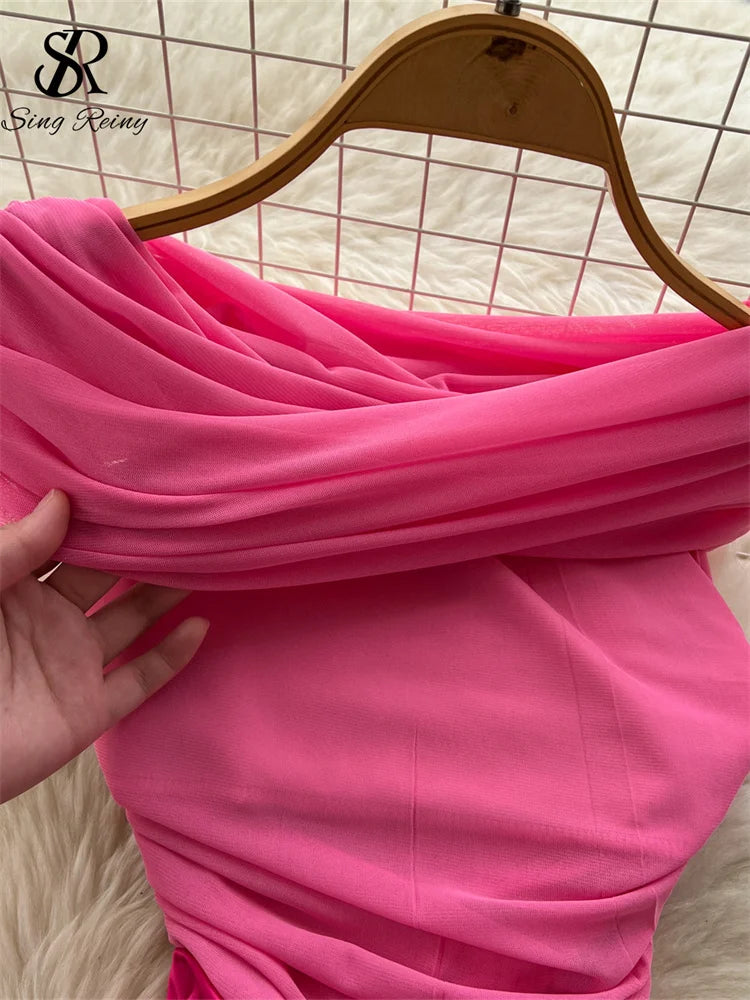 Chic Satin Slash Neck Mesh Splice Pleated Slim Dresses