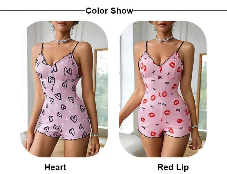 One Piece Red Lip Printed Sleeveless Night Onsie