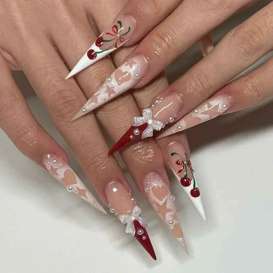 24Pc Long Stiletto Press on Nails Cherry Pink French False Nails with 3D Bow Pearls Design Detachable Acrylic Fake Nail Art Tips