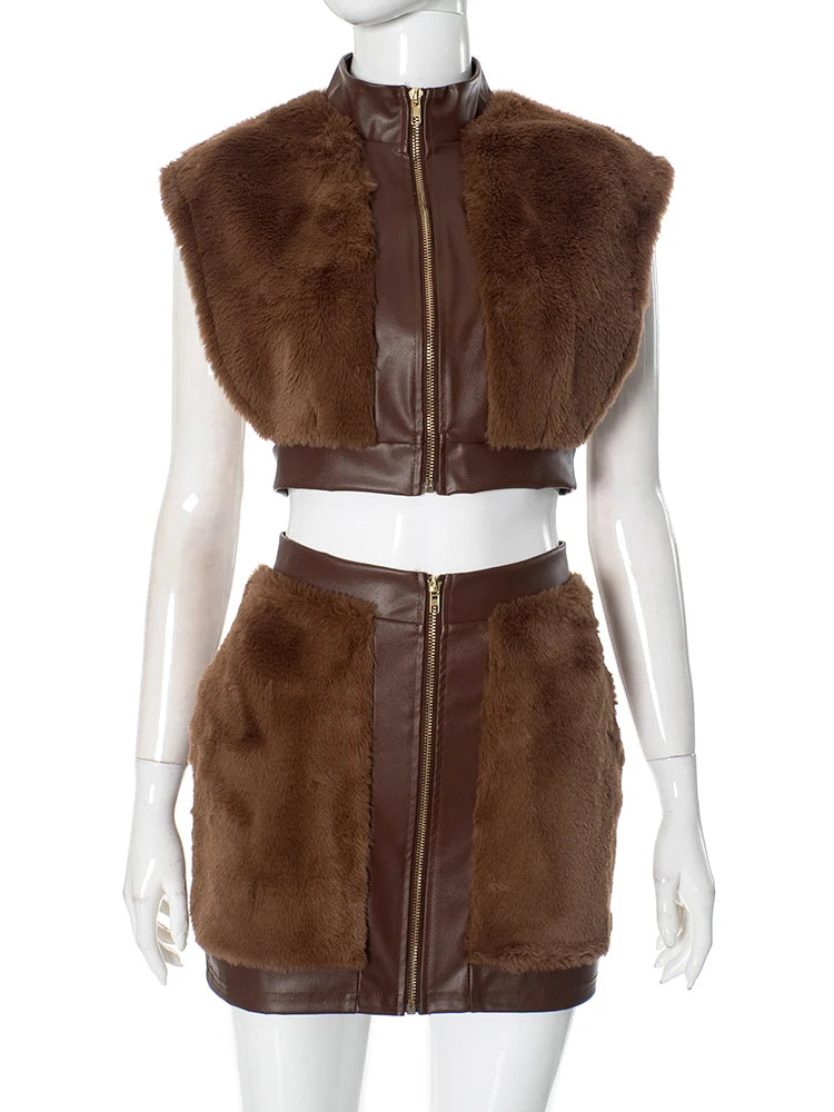 Crop Jacket + Elastic Zipper Waist Mini Skirt Sets