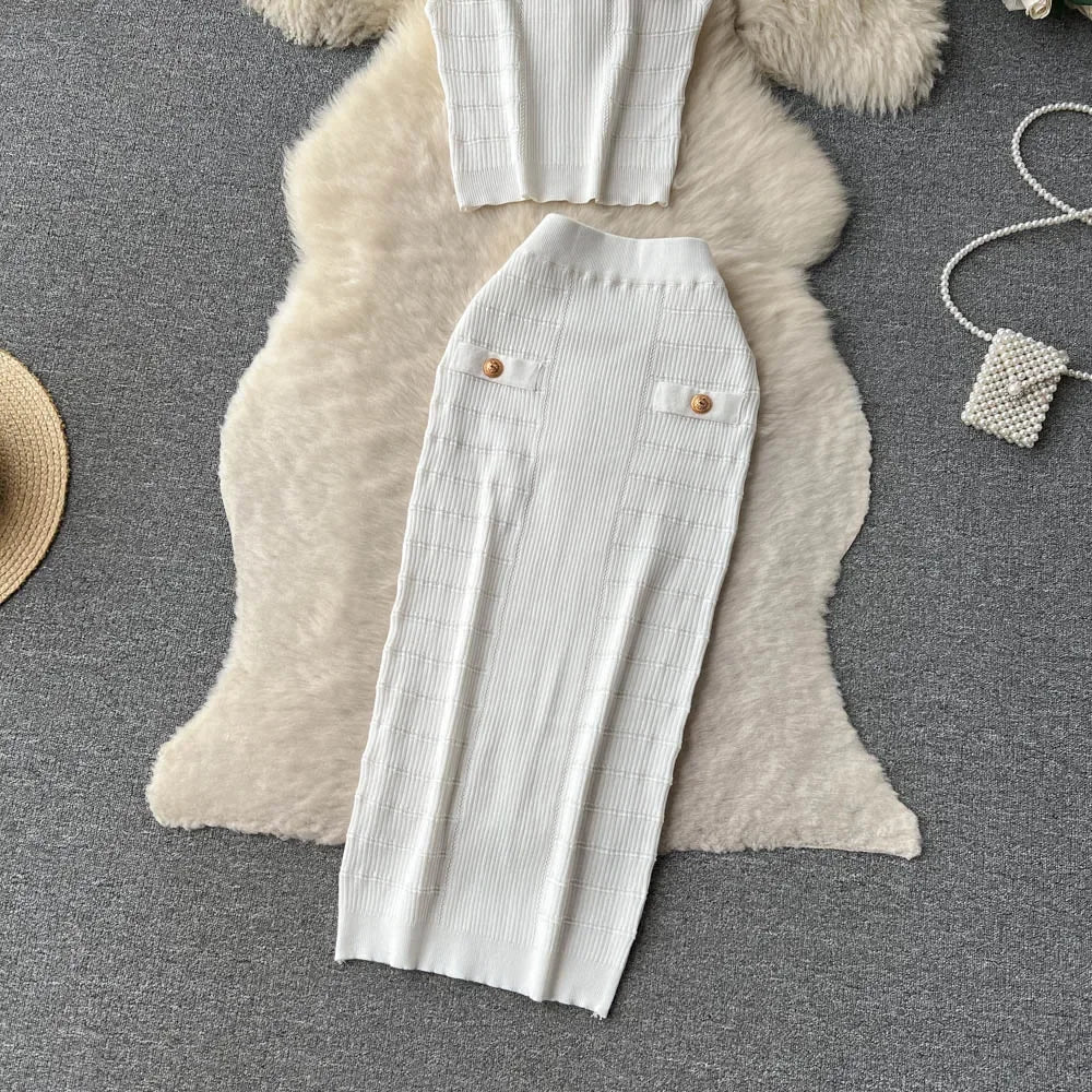 Knitted 2 Pcs. Buttons Crop Top Tanks + Slit Midi Skirt Set