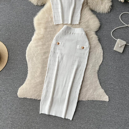 Knitted 2 Pcs. Buttons Crop Top Tanks + Slit Midi Skirt Set
