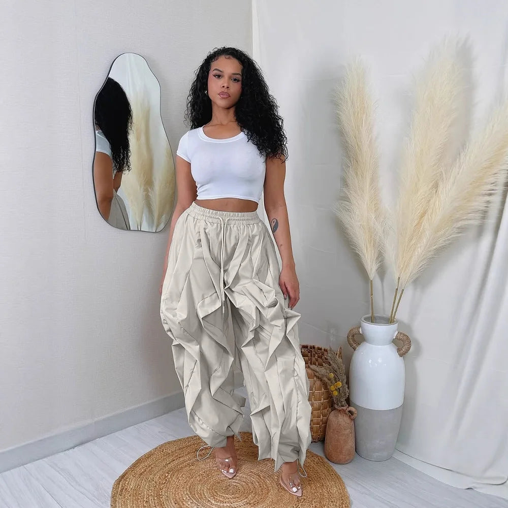 Ruched Lantern Sleeve Drawstring Patchwork Pants