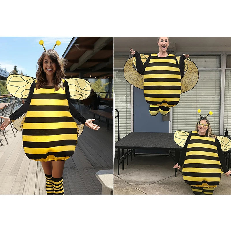 Halloween Striped Patchwork Bee Costume for Women with Knee-high Socks and Hair Hoop Cosplay Outfi