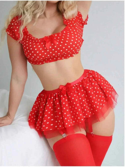 Erotic Short Skirt with Garter Straps Polka Dot + Off Shoulder Puffy Polka Bra Set