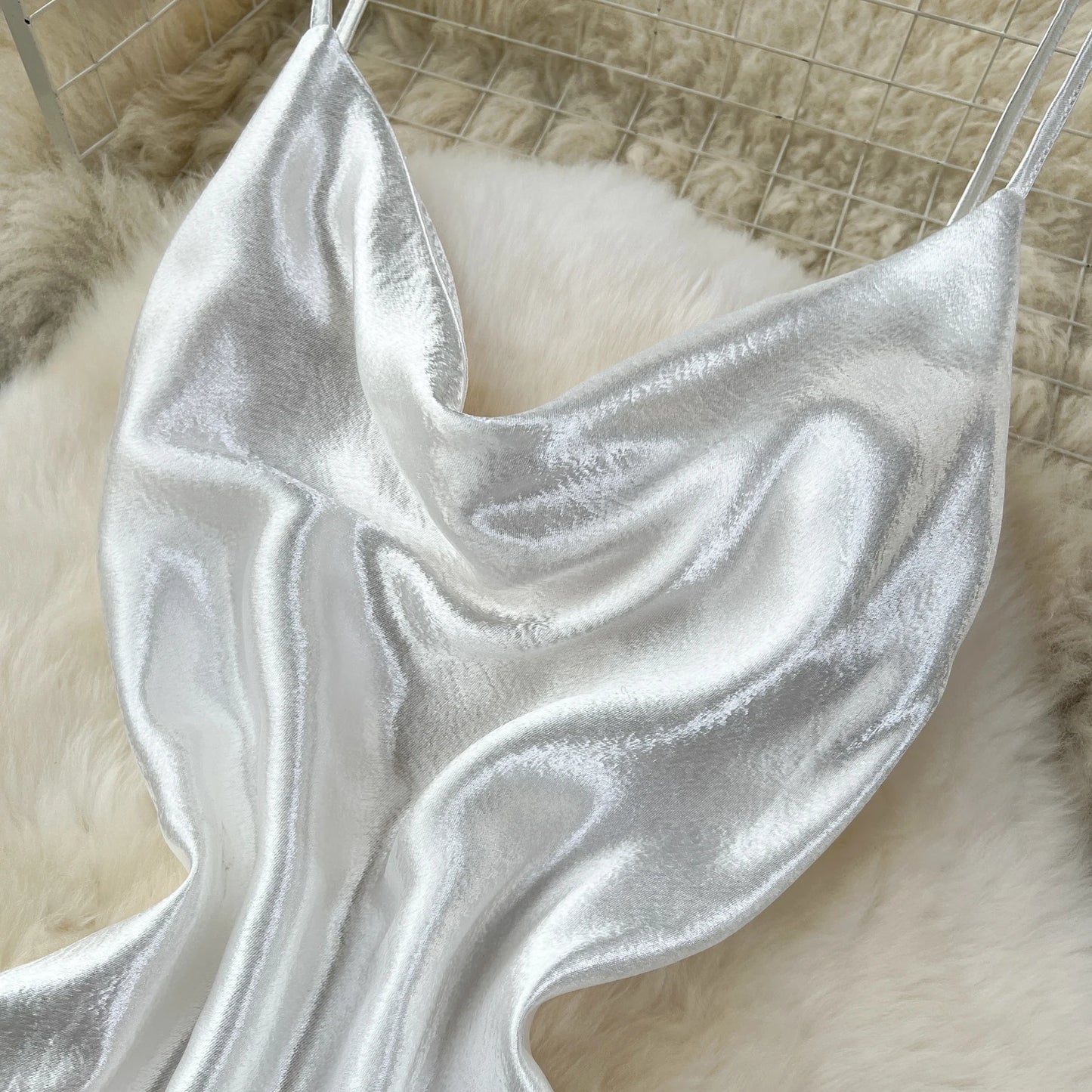 White Spaghetti Strap Satin Glowing Dresses