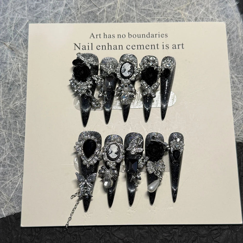 3D Handmade Long Coffin Stiletto Fake Nail Flowers Cat's Heart Diamond Metal Bow