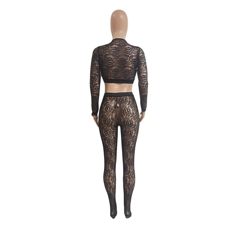 Sherry Sheer Lace 2 Piece Set V-neck Long Sleeve Crop Tops + Footed Leggings