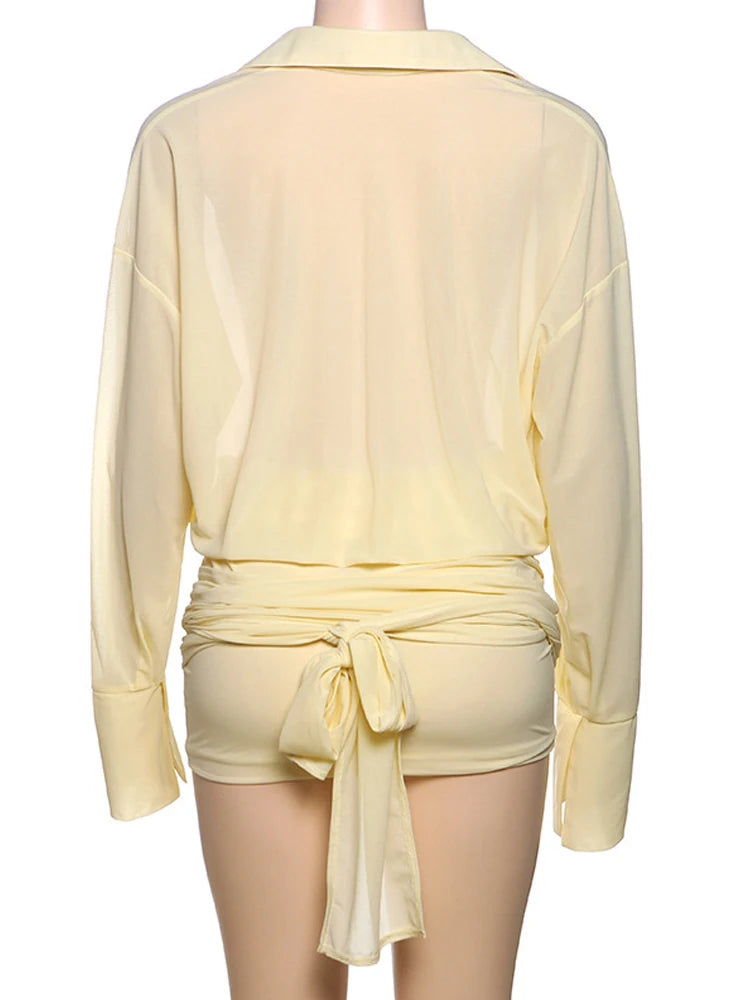 Chic Bandage Long Sleeve Sheer Mesh Shirt Dresses