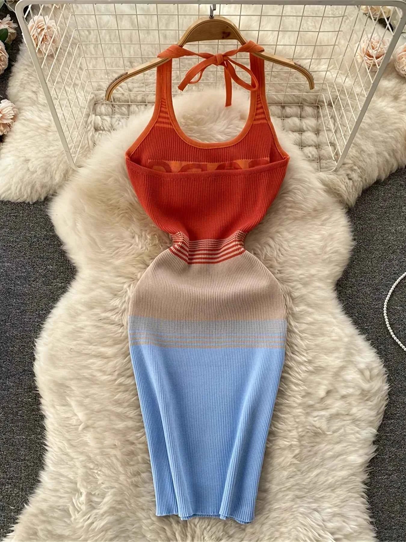 Color Block Bodycon Halter Midi Sundress Outfit