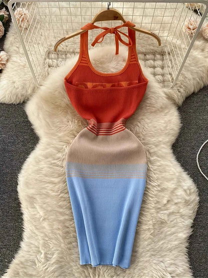 Color Block Bodycon Halter Midi Sundress Outfit