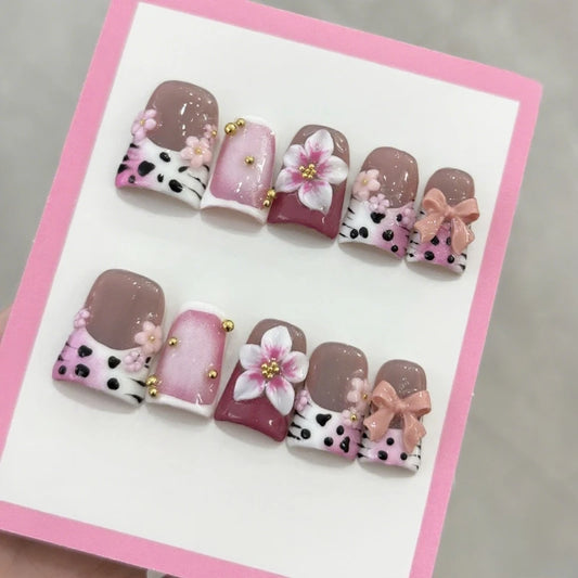 10Pcs Short Duck Handmade Nails 3D Purple Flowers Acrylic Press on Nail Diamond Pearl Leopard Print Design French False NailTips