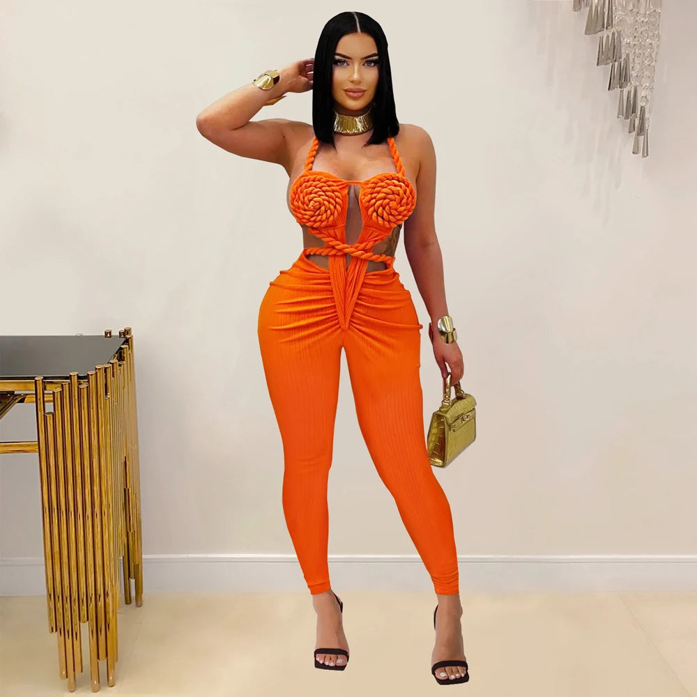 Halter Neck Ribbed Ruched Backless Leggings Jumpsuits (One Piece)
