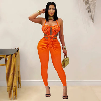 Halter Neck Ribbed Ruched Backless Leggings Jumpsuits (One Piece)