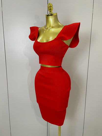 Celebrity Ruffles Red Bandage Skirt Sets