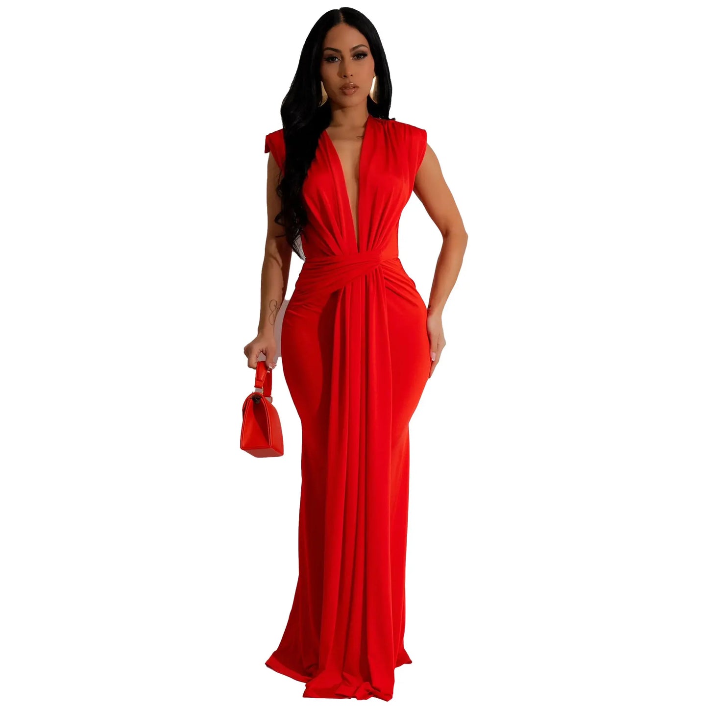 Shaniia Sleeveless Deep V Waist Stretch Elegant MIDI Long Evening Dress