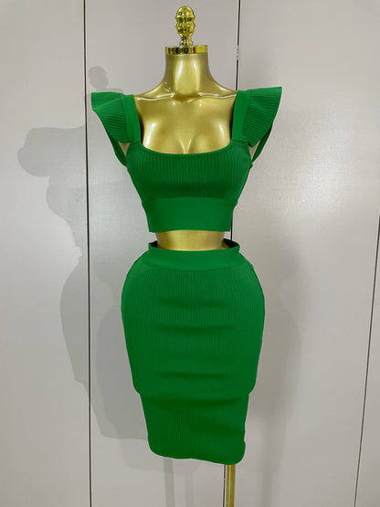 Celebrity Ruffles Red Bandage Skirt Sets