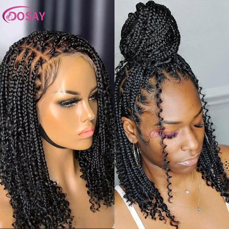 Sue Synthetic Curly Wigs Short Bob 360 Full Lace Braids Wigs 12 Inch Boho Knotless Braided Wigs Goddess Box Wig Pre-Pluck Baby Hair