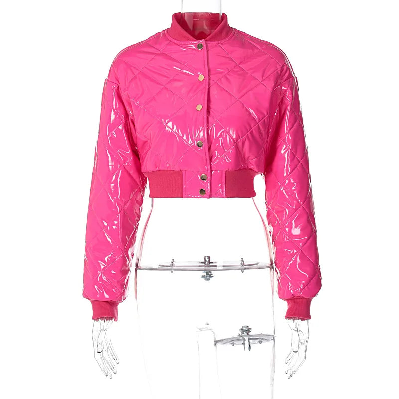 Cute Women Shiny Pink PU Leather Puffer Jacket High Waist Slim Bubble Coats Single Breasted Jackets Leather Cropped Outcoats New