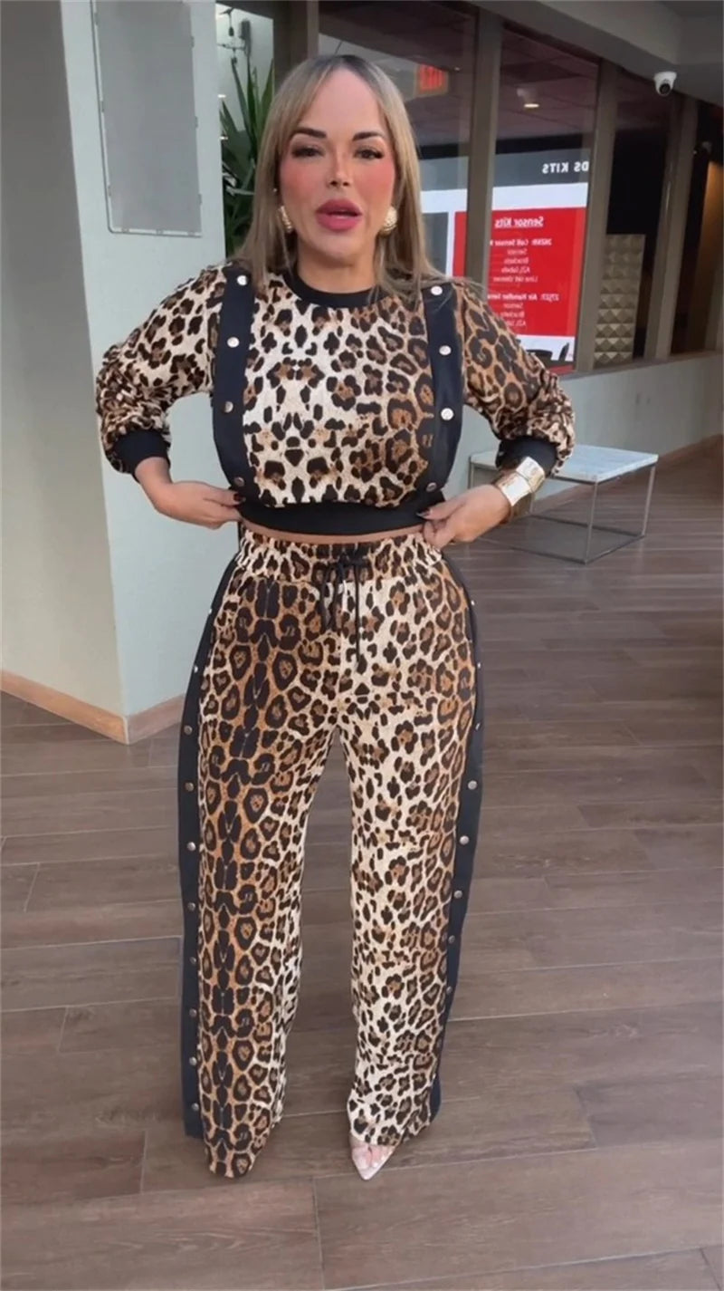 Leopard Print O-neck Top + Split Pants Matching Sets