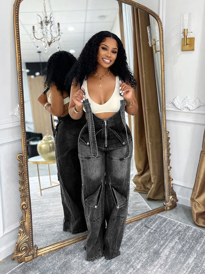 Loose High Waisted Zipper Denim Cargo Jumpsuits