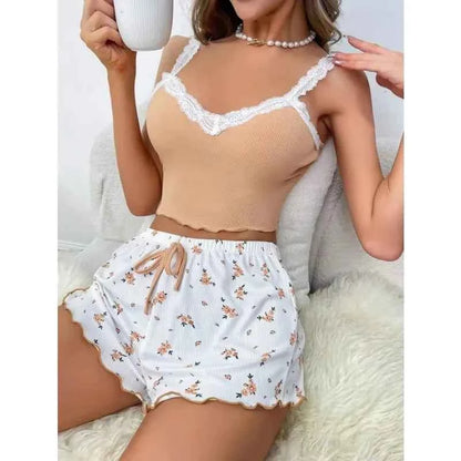 Lace Patchwork V-Neck Sleepwear Cami Top + Printed Shorts Soft Loungewear