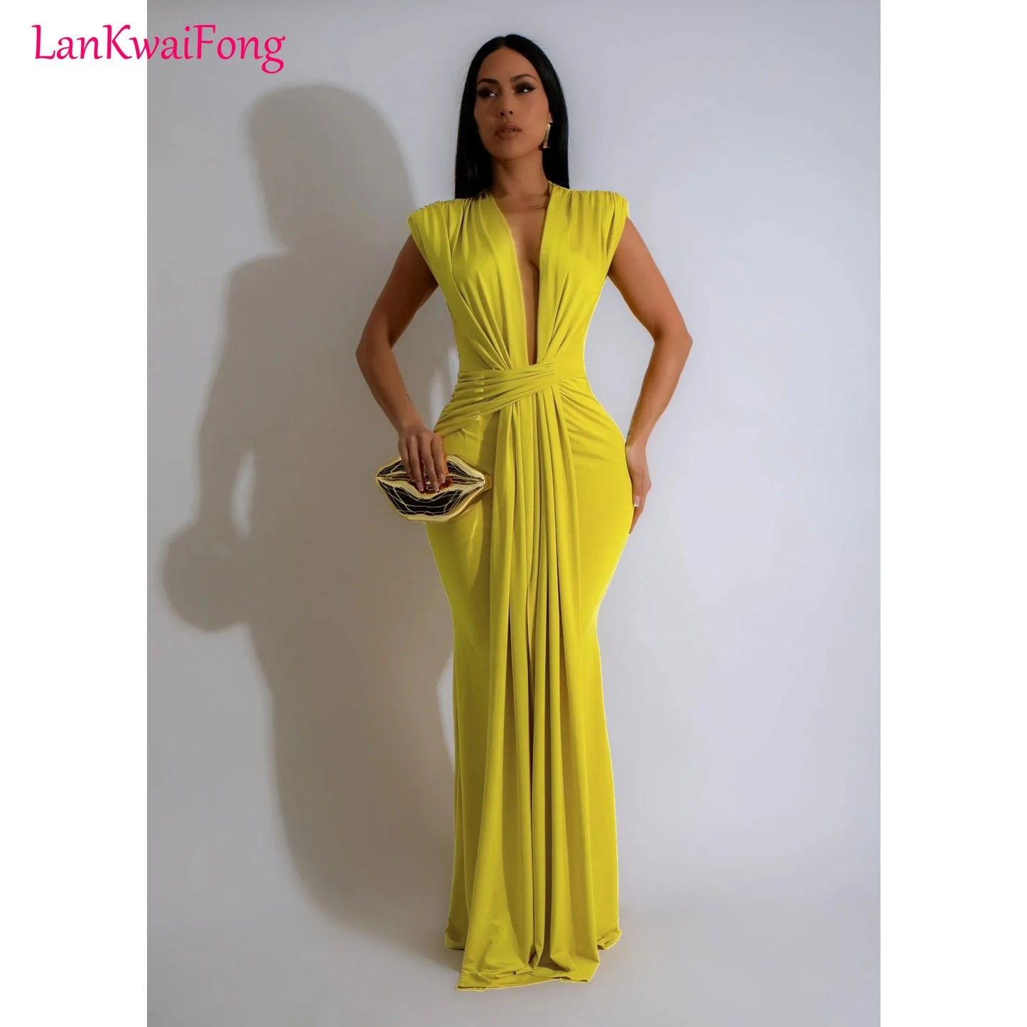 Shaniia Sleeveless Deep V Waist Stretch Elegant MIDI Long Evening Dress