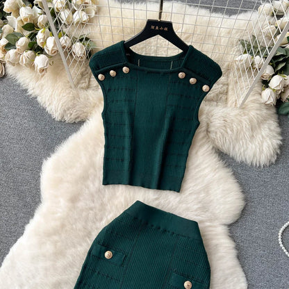 Knitted 2 Pcs. Buttons Crop Top Tanks + Slit Midi Skirt Set