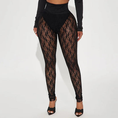 Joskaa Women's Jacquard  Lace Leggings Patchwork Sexy See Through High Waist Pencil Pants Female Bottoms Midnight Party Clubwear