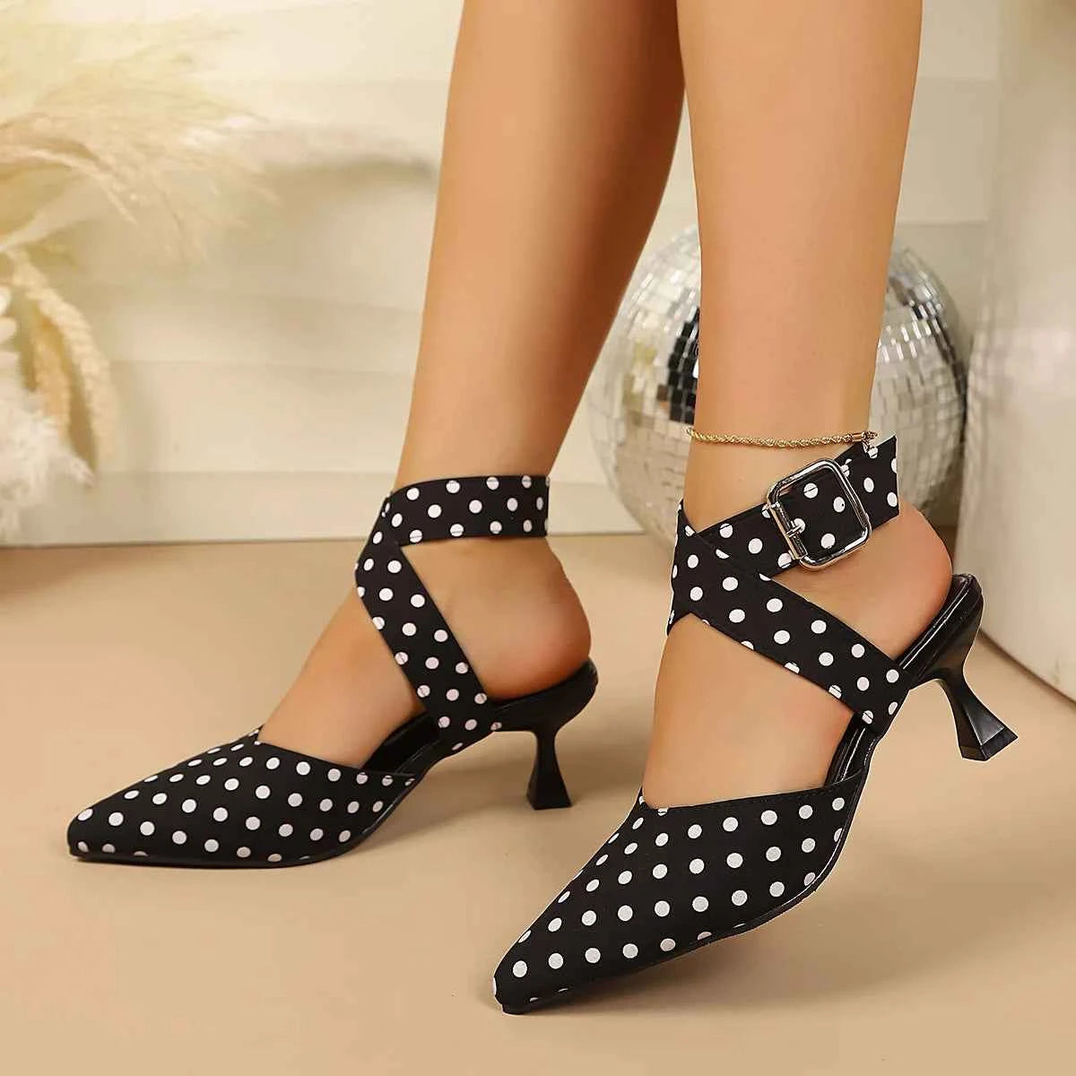 New Polka Dot Slip-On Buckle Strap Elegant Footwear for Women