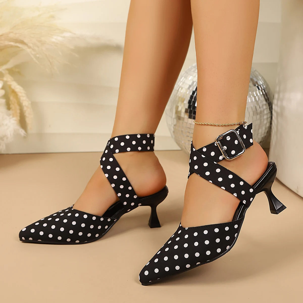 New Polka Dot Slip-On Buckle Strap Elegant Footwear for Women