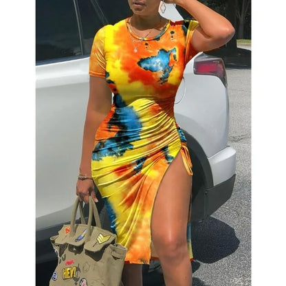 Trendy Printed Slim Bodycon Short Sleeves Drawstring Slit Midi Dresses