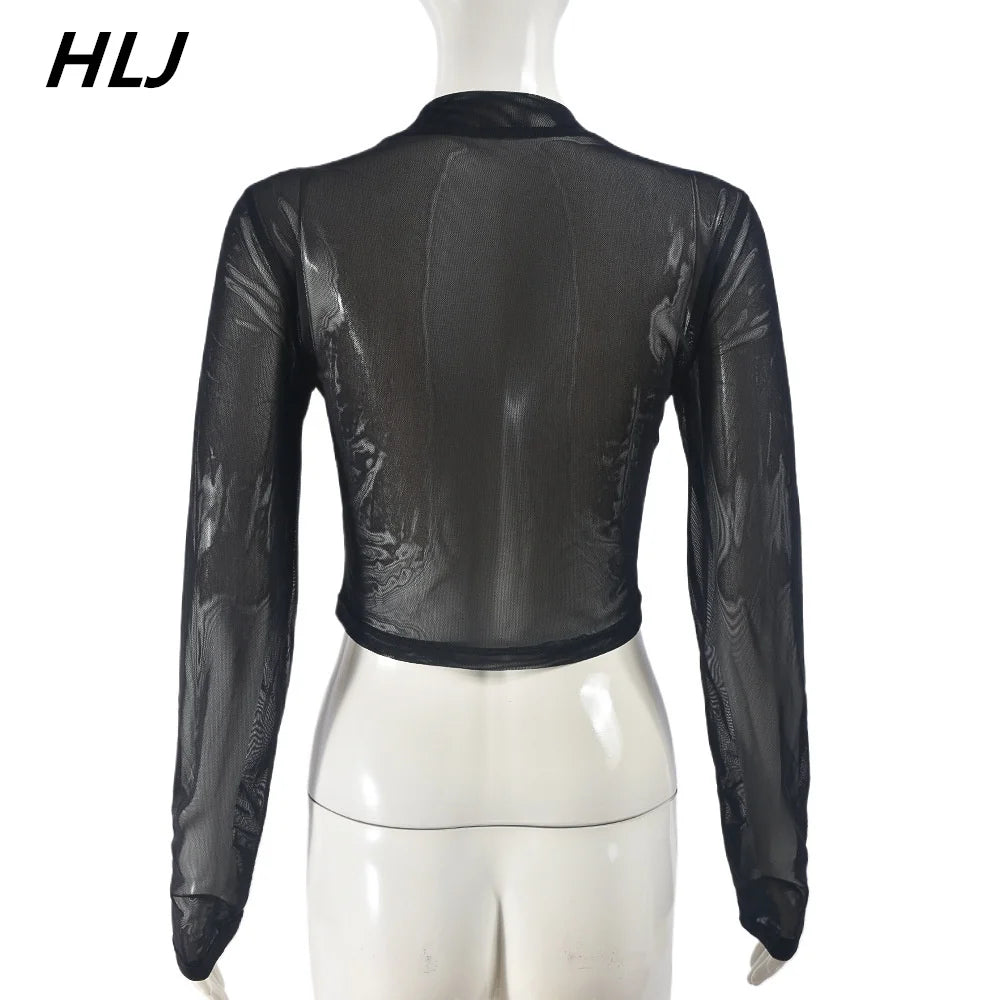 HLJ Black Sexy New Mesh Embroidery Perspective Two Piece Sets Women Round Neck Long Sleeve Slim Crop Top And Mini Skirts Outfits