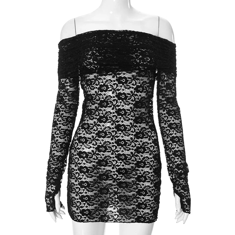 Khadija Hollow Mesh Patchwork Long Sleeve Slash Neck Mini Bodycon Dress